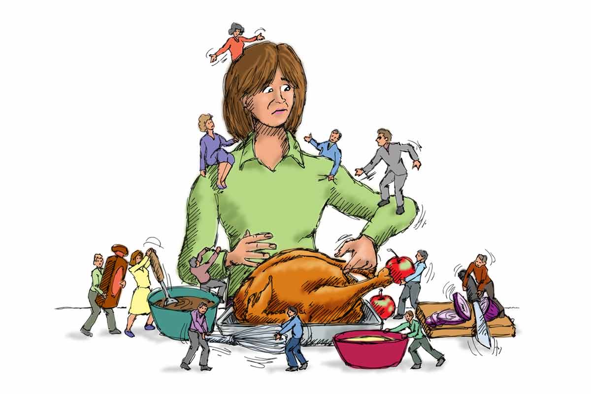An illustration of a woman with many small people climbing over her and the turkey and side dishes.