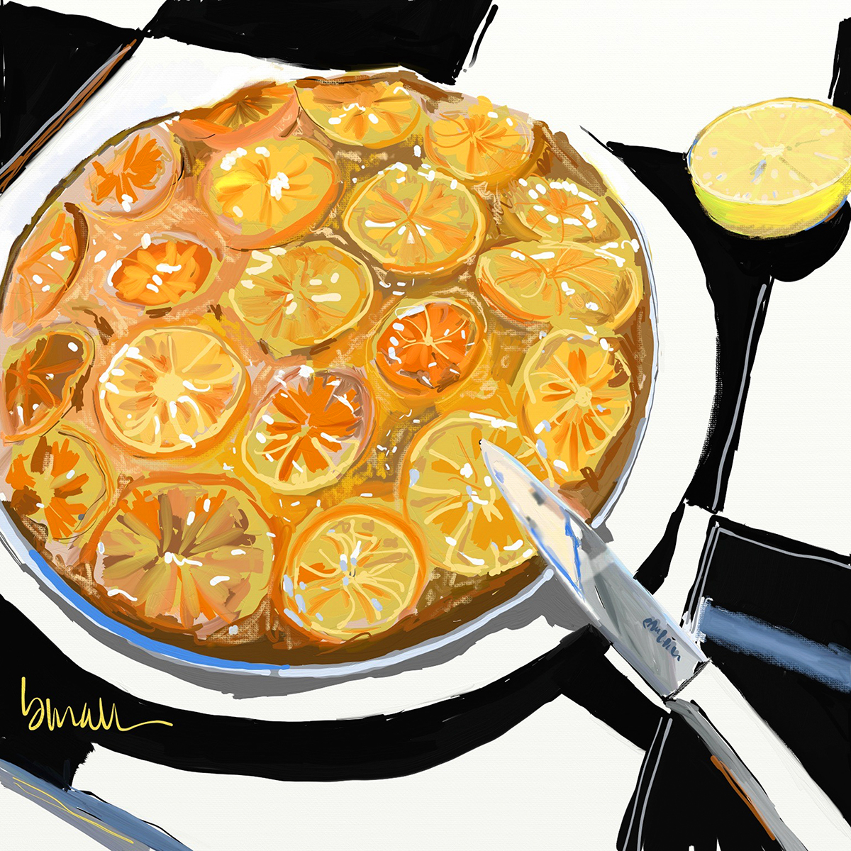 An illustration of a clementine cake on a white plate.