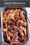 A deep roasting pan filled with shredded lamb barbacoa.