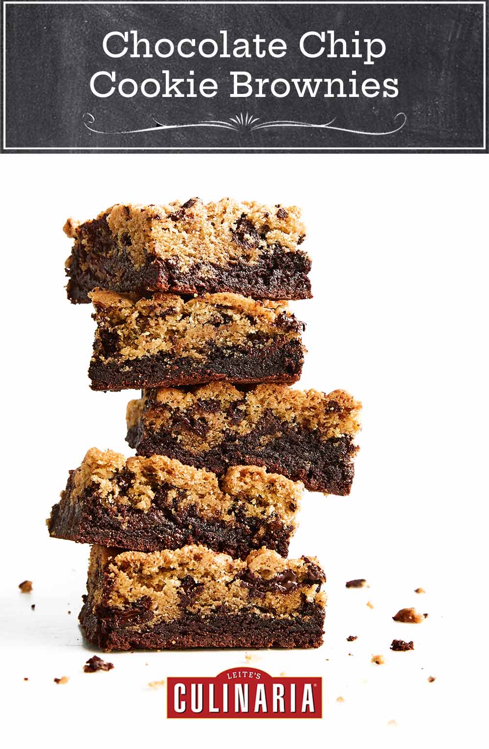 A stack of five chocolate chip cookie brownies.