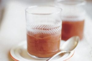 Two individual servings of chocolate mouse in glass tumblers served on a small plate with a silver spoon resting beside.