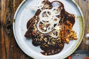 Two enchiladas de mole poblano on a white plate, topped with thinly sliced white onion.