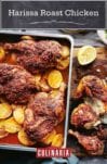 A pan of harissa roasted chicken sitting on top of sliced roasted potatoes, nearby a cutting board and knife