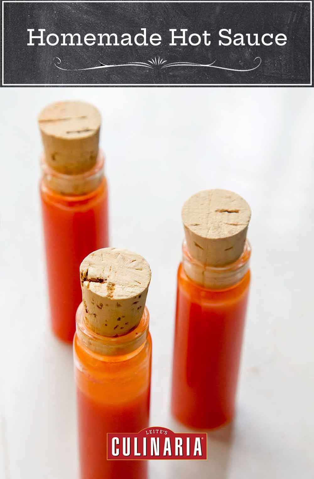 Three corked vials of homemade hot sauce