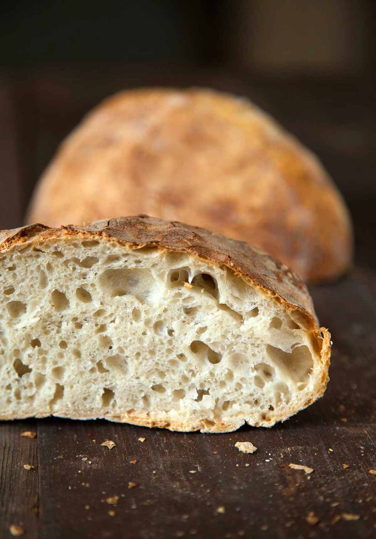 A cut loaf of Jim Lahey's no-knead bread