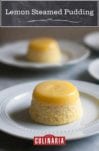 Four white plates, each topped with a lemon steamed pudding.