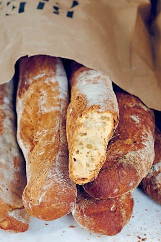 A paper bag filled with loaves of pane Francese.