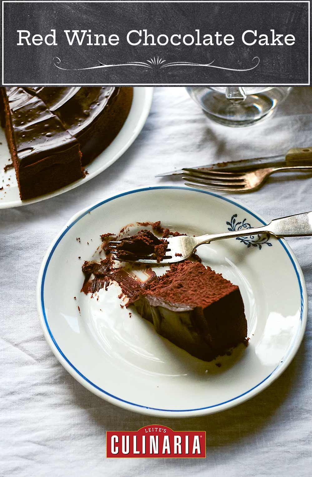 A partial slice of red wine chocolate cake on a plate with a fork resting beside the cake.