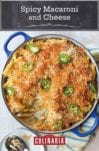 Blue casserole of spicy macaroni and cheese with breadcrumbs on top and sliced of jalapeno peppers.