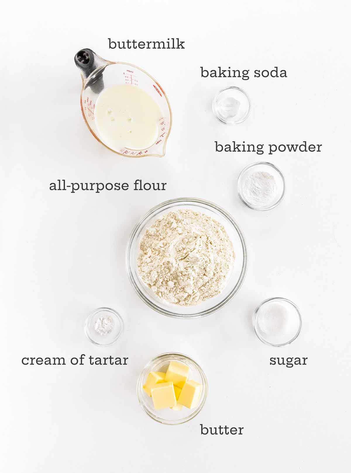 Ingredients for buttermilk drop biscuits -- buttermilk, baking soda, baking powder, flour, sugar, butter, and cream of tartar.