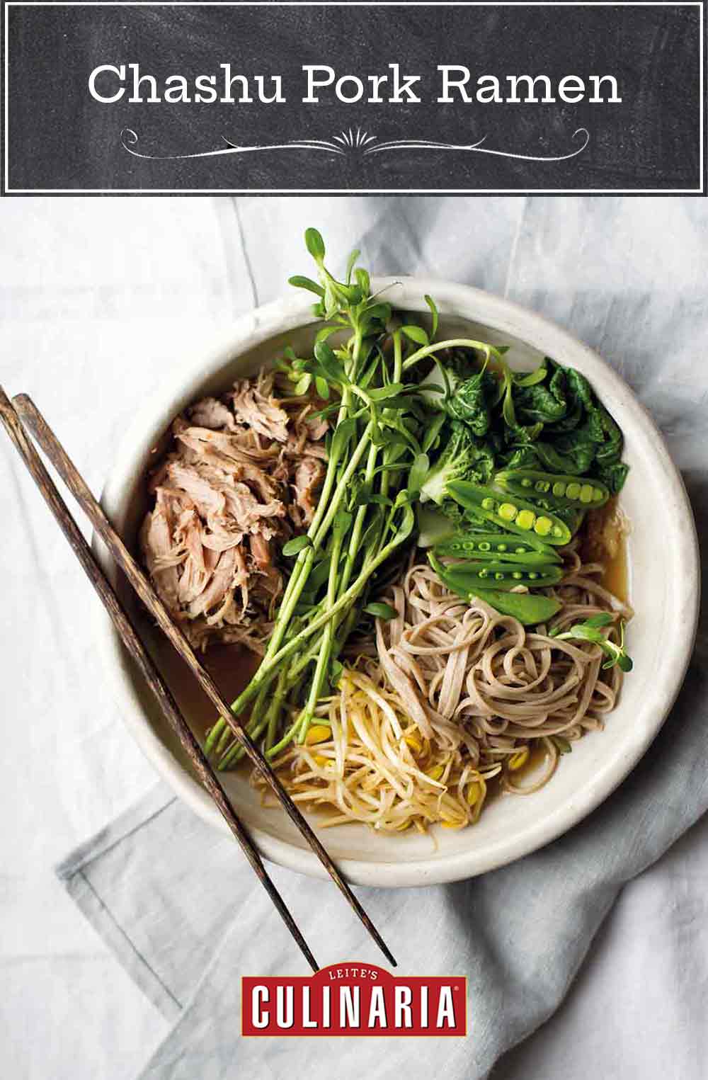 A bowl of chashu pork ramen, filled with braised pork, soba noodles, bean sprouts, peas, and bok choy, with a pair of chopsticks resting on top.