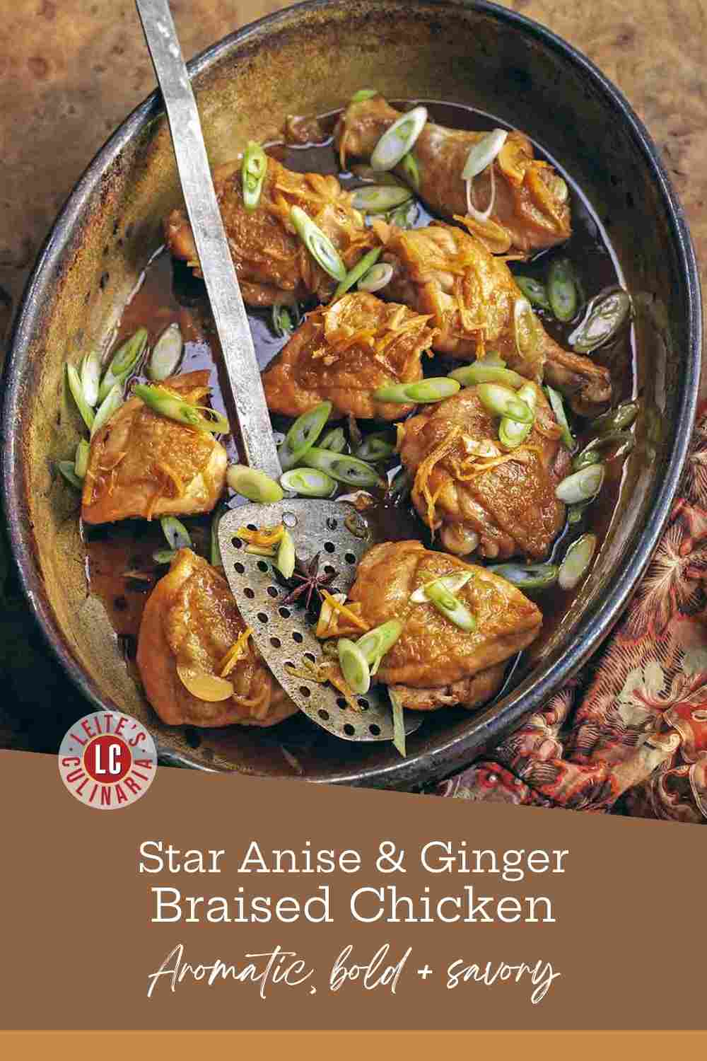 Tender braised chicken thighs and drumsticks in a dark savory sauce garnished with sliced scallions.