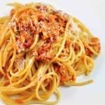 A tangle of tomato and tuna spaghetti on a white plate.