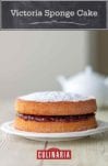 A two-tier Victoria sponge cake with raspberry jam in the middle, all dusted with confectioners' sugar on a white plate with a white teapot in the background