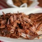 A plate of shredded Coca-Cola brisket with a fork resting in the meat.