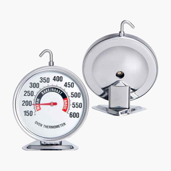 The front and back of an extra large dial oven thermometer.
