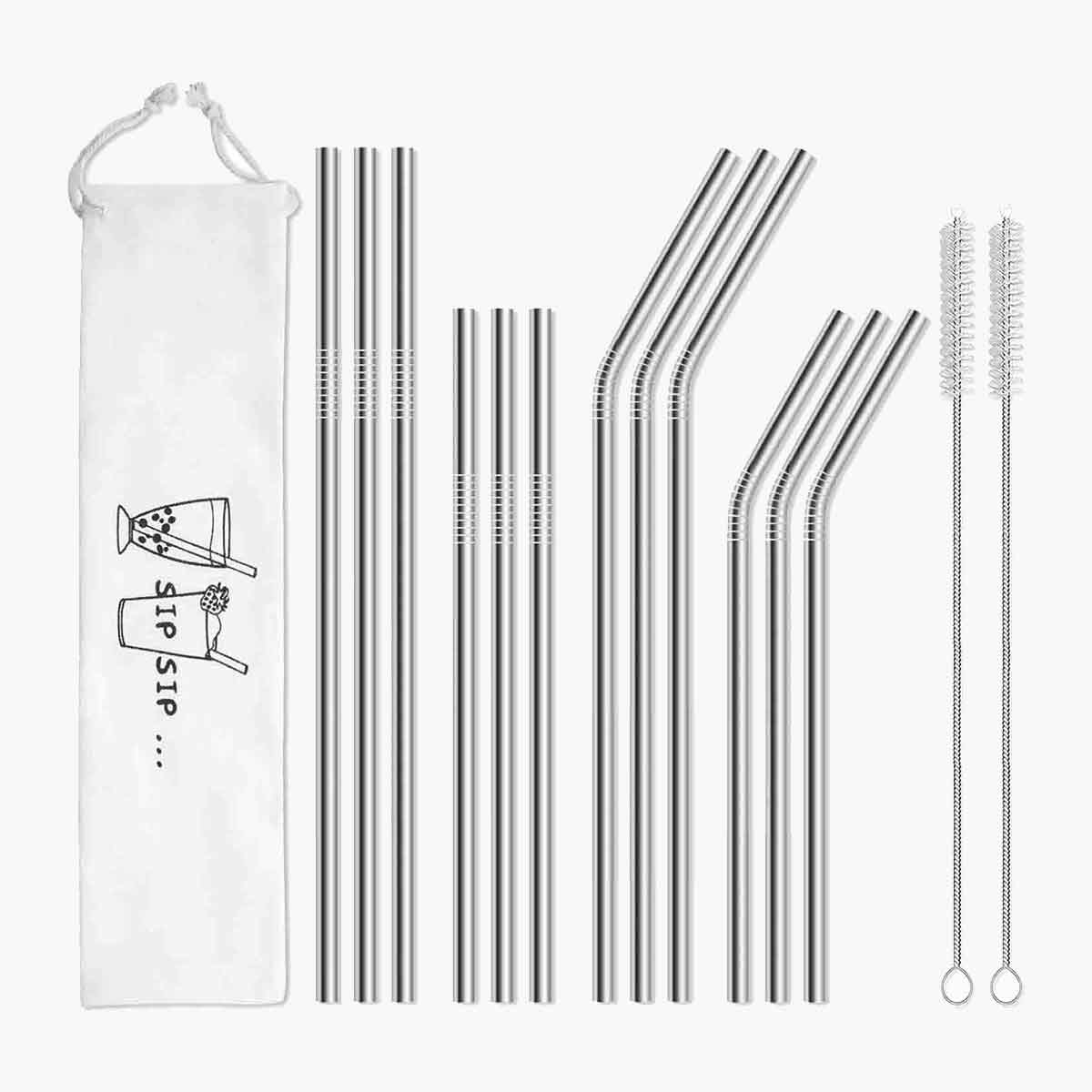 Twelve Highwire reusable straws, two brushes, and a carrying bag.