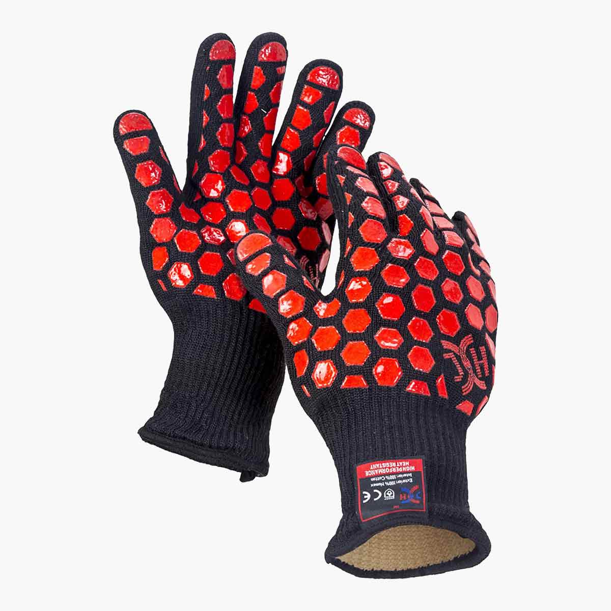 A pair of red and black JHSafety oven gloves.