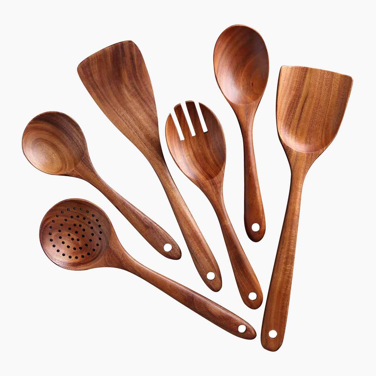 A wooden cooking utensil set.