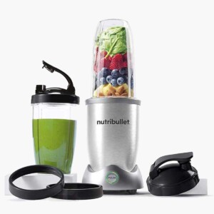 The Nutribullet system with blender, containers, lids, and rings.