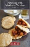 Potatoes with Mexican chorizo stuffed into pitas with a glass of beer in the background.