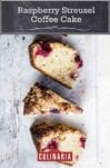 Four wedges of raspberry streusel coffee cake on a piece of parchment paper on a white wooden surface.