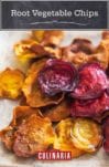 A pile of beet and sweet potato root vegetable chips.