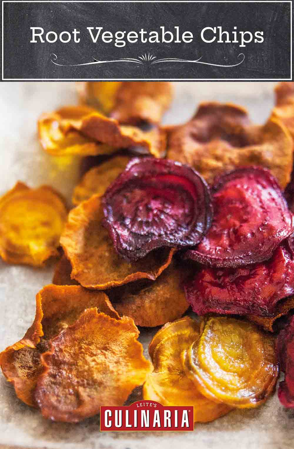 A pile of beet and sweet potato root vegetable chips.