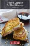 A three-cheese grilled cheese sandwich with ham that is cut in half with a glass of wine in the background.