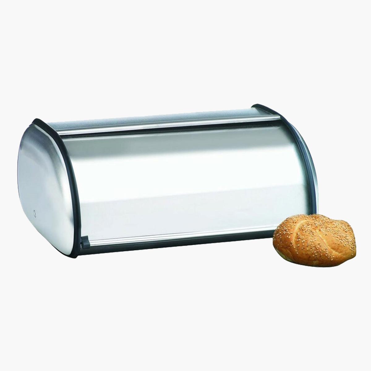 A metal Anchor Hocking bread box with a bun in front of it.