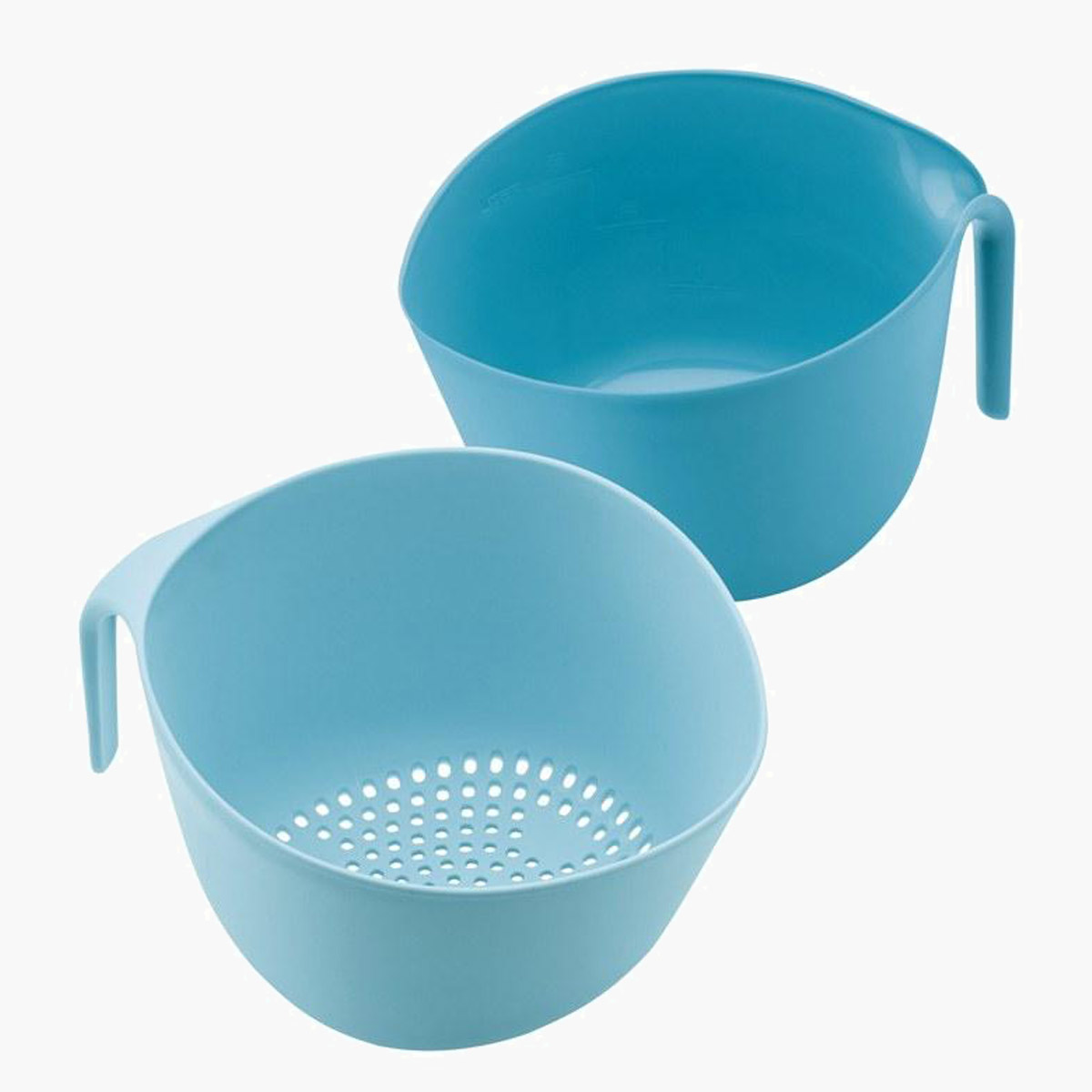 A blue bowl and colander as part of the Ayesha Curry bowl set.