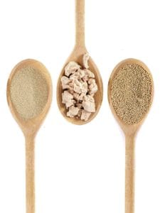 Three wooden spoons, each with a different type of yeast for the post discussing 'what is the difference between yeasts?'