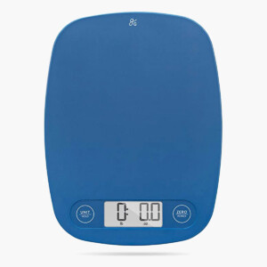 A blue Greater Good kitchen scale.