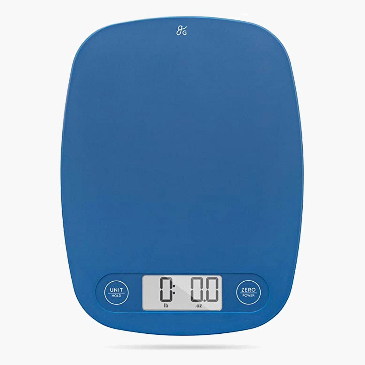 A blue Greater Good kitchen scale.