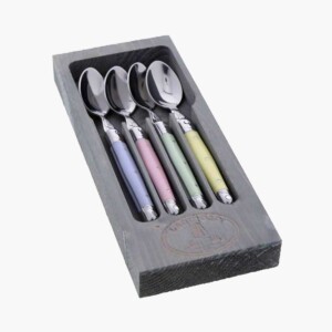 A package of four colorful Jean Dubost dessert spoons in a wooden box.