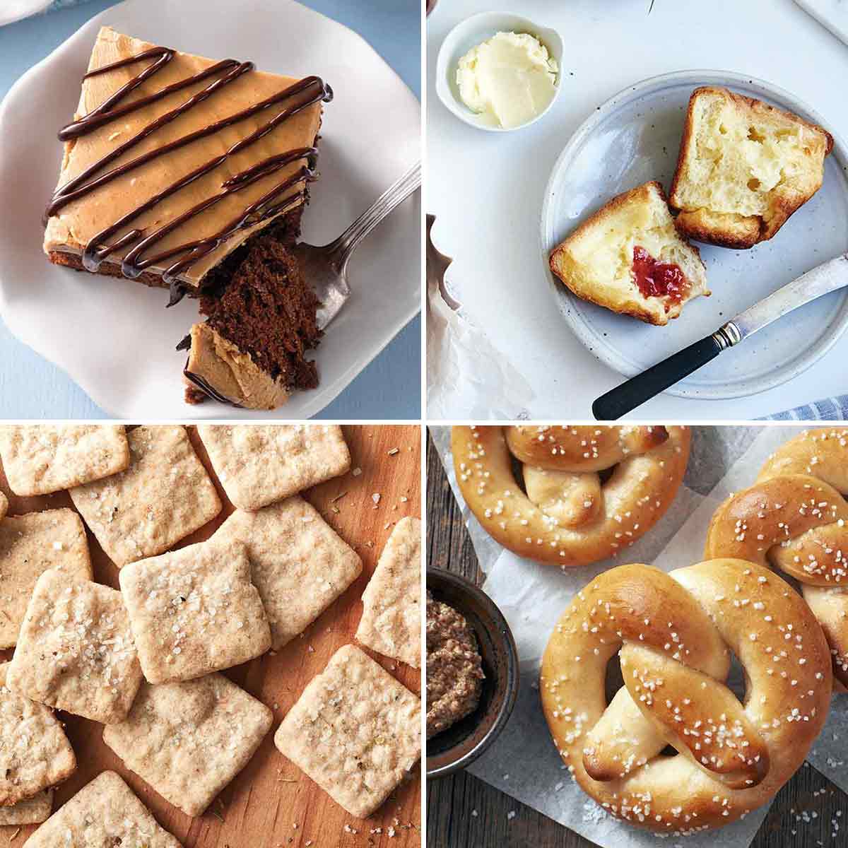Four images of foods that are made with leftover sourdough starter: crackers, pretzels, cake, toast