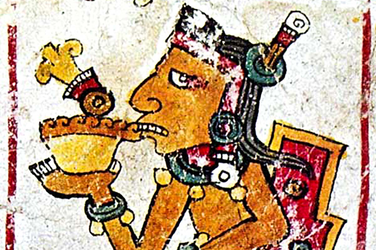 An illustration of a Mayan drinking cocoa to help depict the difference between natural and Dutch-process cocoa powders..