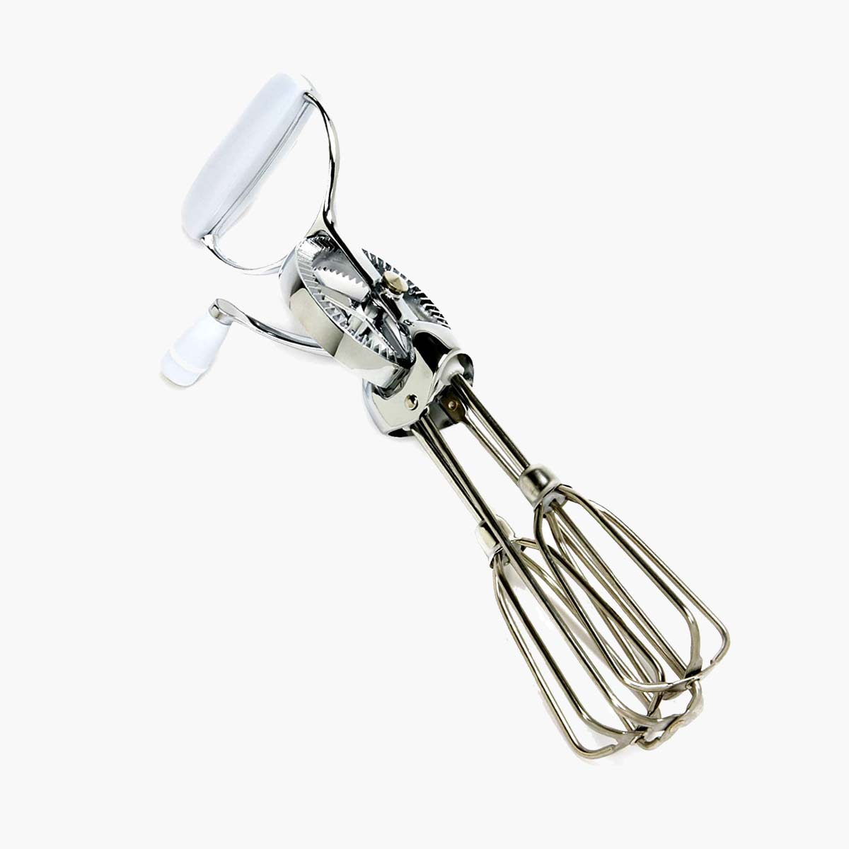 A Norpro rotary egg beater with white handles.