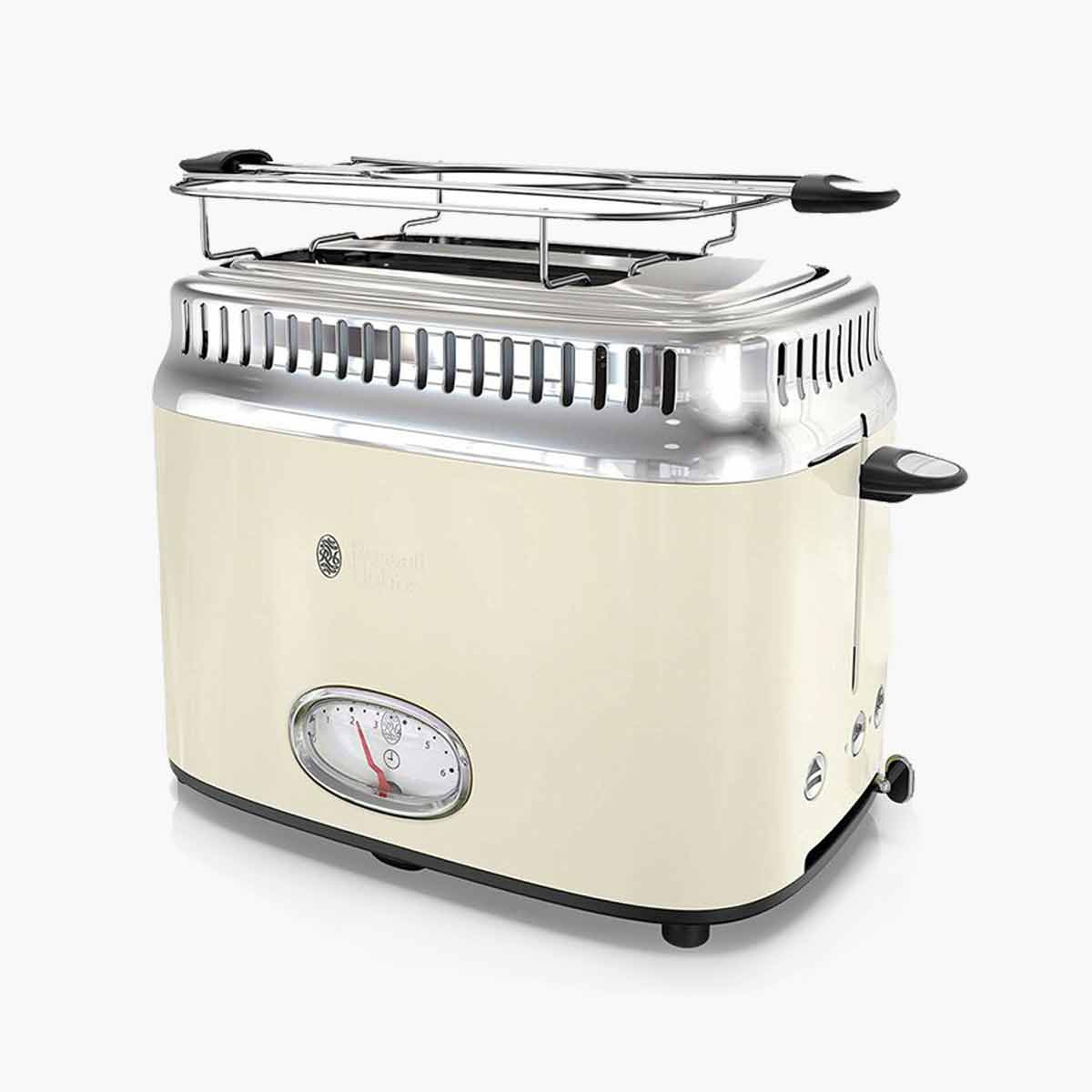 An off-white Russell Hobbs 2-slice retro toaster.