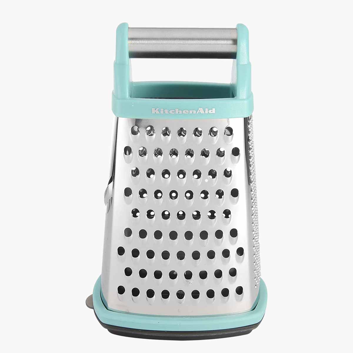 A pale blue KitchenAid stainless steel box grater.