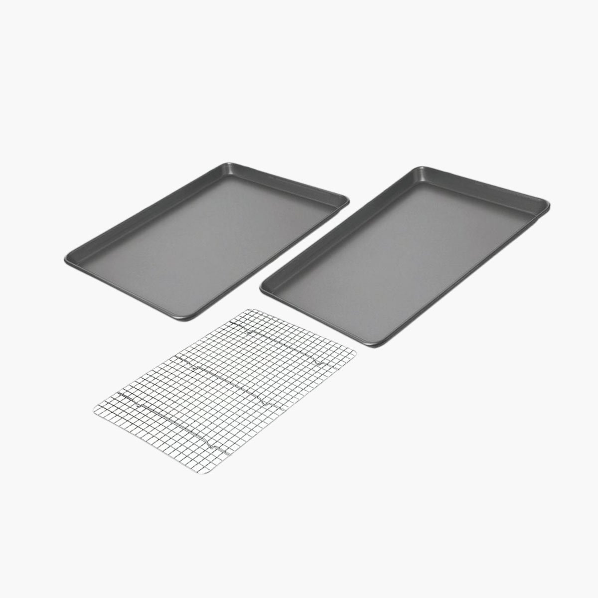 A set of two baking sheets and a wire mesh rack.