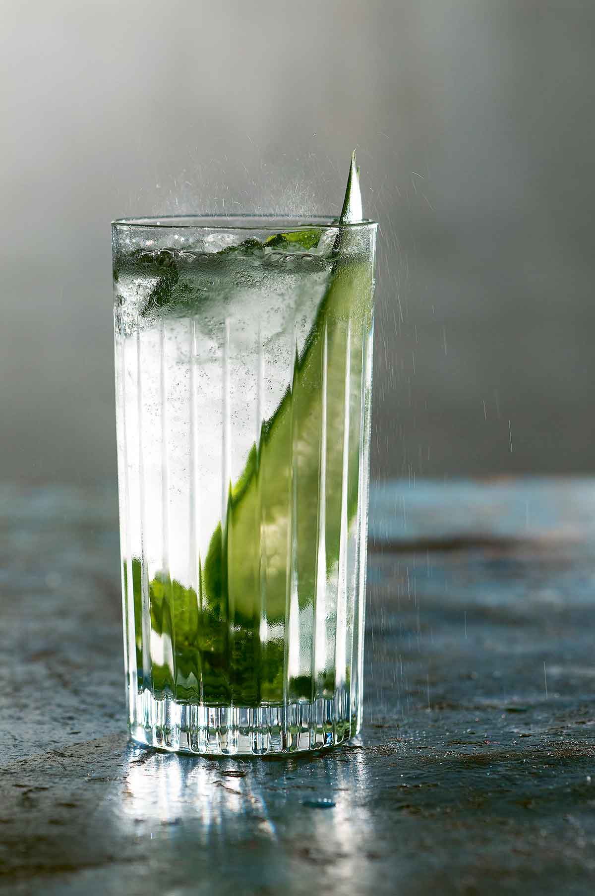 A highball glass filled with British summertime cooler, mint leaves, and a cucumber slice.