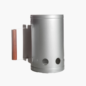 Stainless steel charcoal chimney starter with wooden handle.