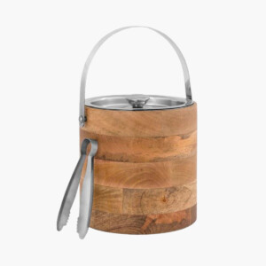 A stainless steel ice bucket with tongs.