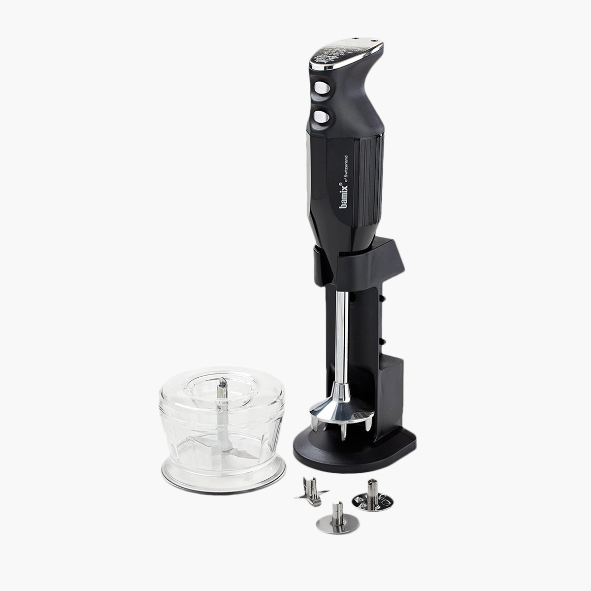 A black Bamix deluxe immersion hand blender with various attachments.