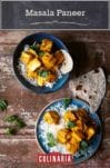 A blue bowl and a blue plate both topped with rice, naan, and masala paneer, and garnished with cilantro.