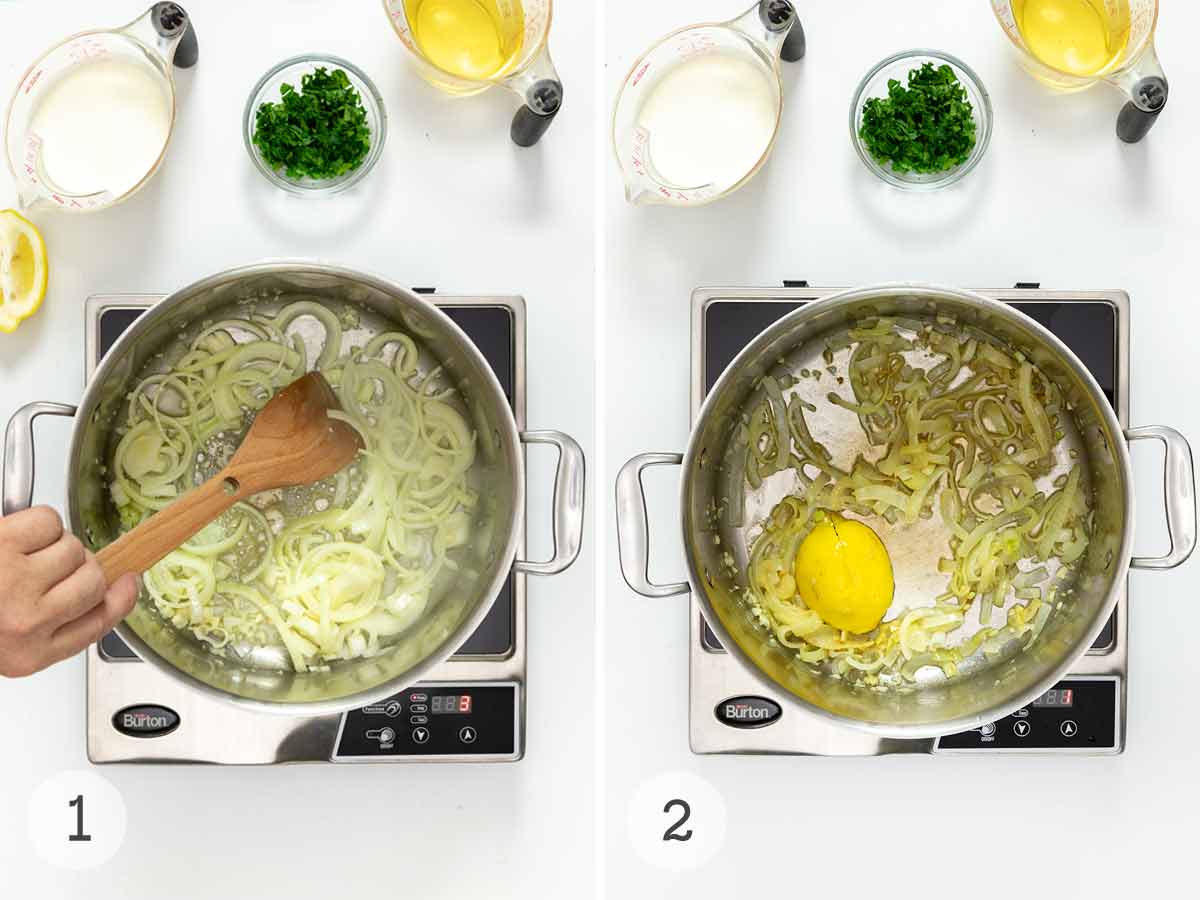 A person stirring onions and garlic into a big pot on a portable stove; the same pot with a lemon in it.