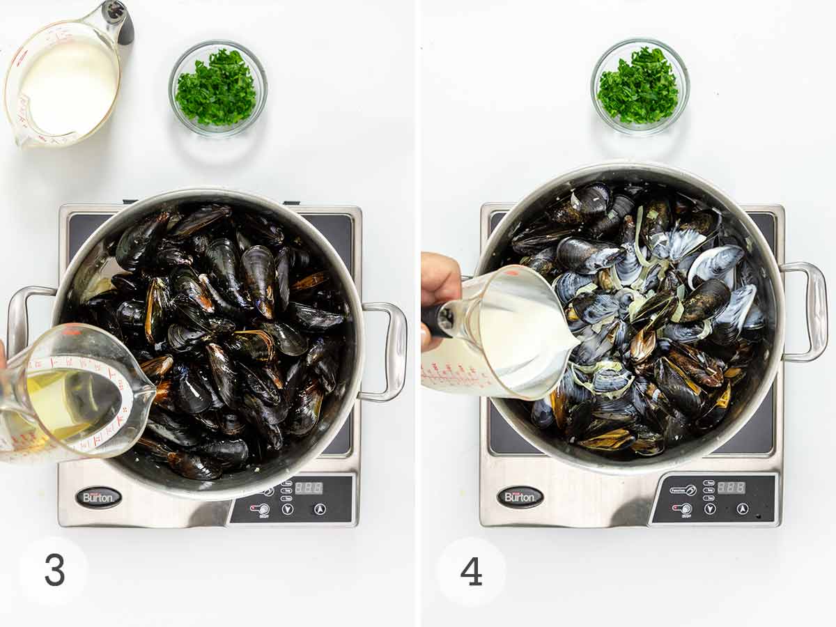 A person's hand pouring white wine into a pot of mussels; a person's hand pouring heavy cream into the same pot.
