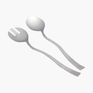 Two stainless steel hammered salad servers.