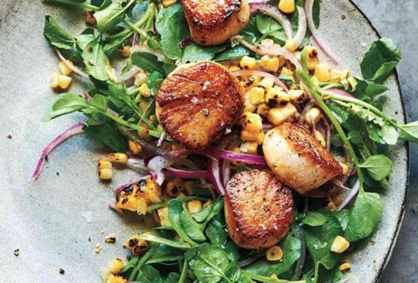 A plate of seared scallops with grilled sweet corn salad, sliced red onion, and watercress.